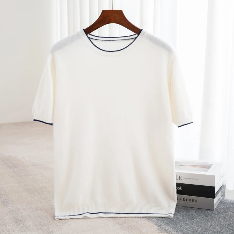 Men's T-shirt 2024 Summer New Knitted Tank Top Fashion Color Block Round Neck Pullover Sweater 100% Pure Wool Short sleeved