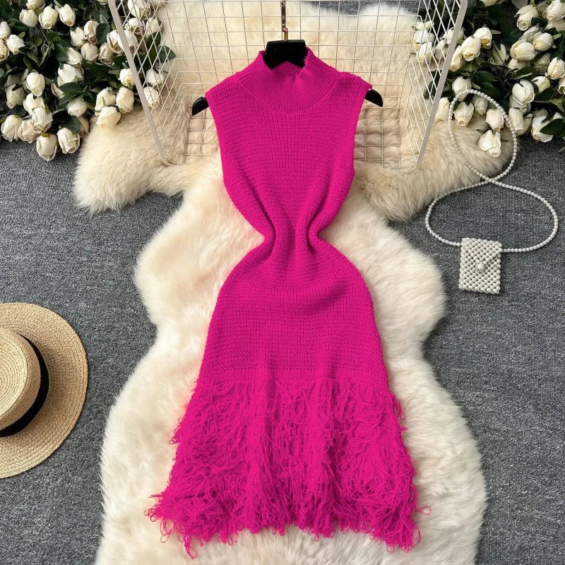 Joskaa 2025 Summer Women Elegant Round Neck Sleeveless Tassels Hem Bodycon Mini Knitted Dress Holiday Beach Party Clubwear