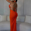 Beyprern Women's Cut-Out Ruched Maxi Dress Orange Sexy Halter Neck Backless High Slit Bandage Party Dresses Birthday Outfits