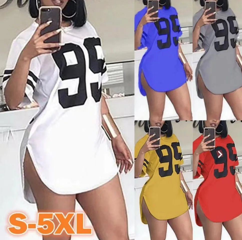 95 Pattern Print T-Shirt O-Neck Split Short Sleeve Sports Football Jersey Y2K Loose Oversized Street Retro Casual Tops