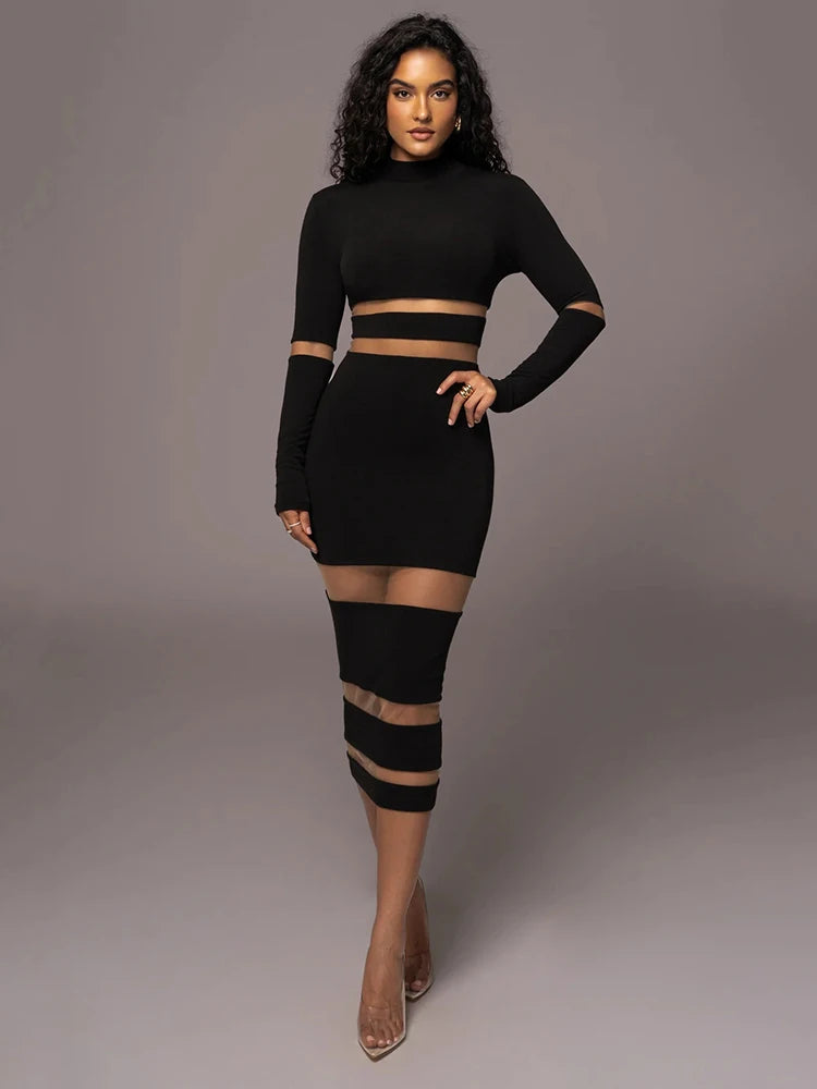 Articat Mesh Patchwork Perspective Long Sleeve Dress For Women's Tight Fit Midi Female Dress Fashion Street Party Club Vestidos