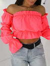 Candy Color Off Shoulder Crop Tops women Summer dot print lantern sleeve shirts Lady Sexy Slash neck beach blouse