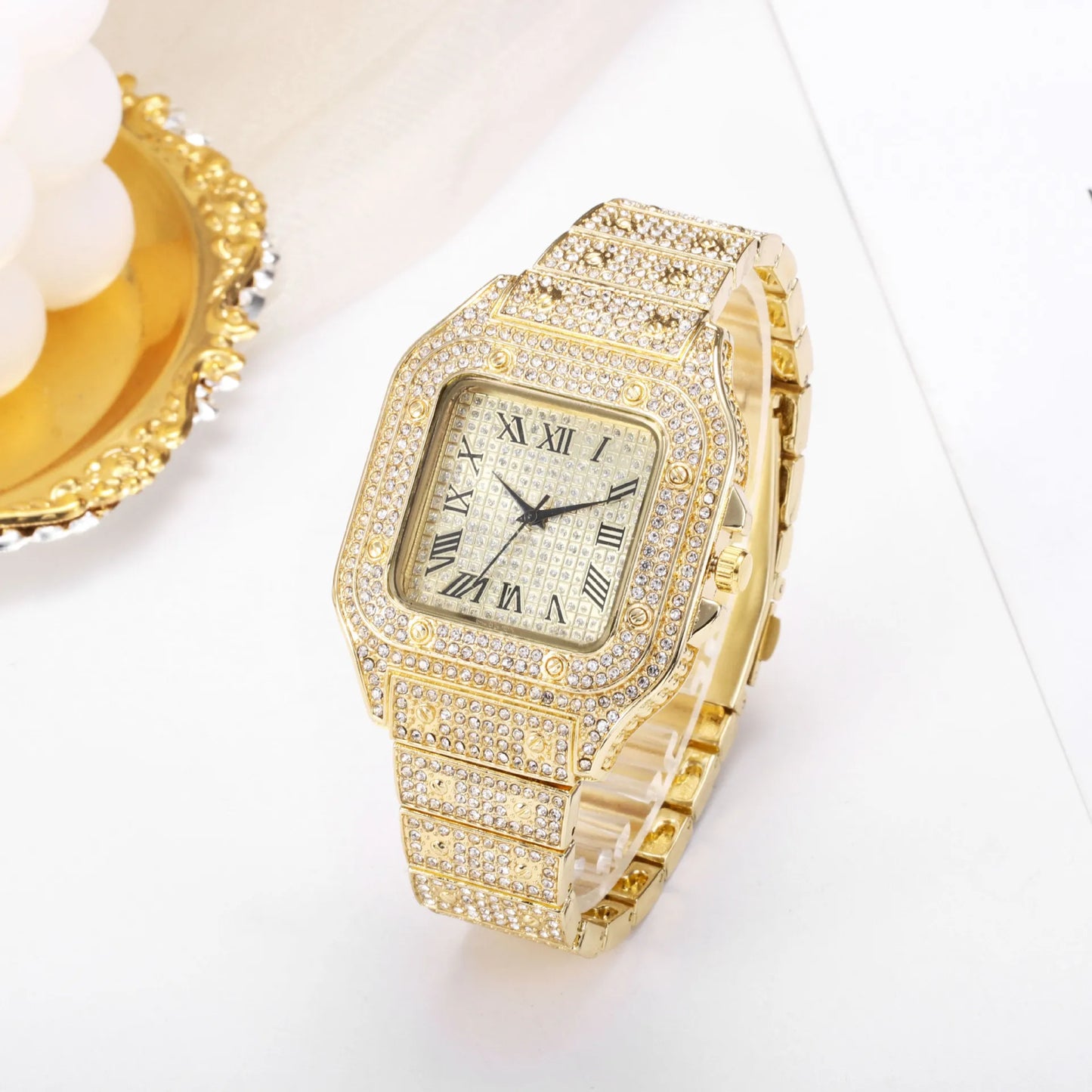 UTHAI L77 Watch For Men Fashion Luxury Gold Square Diamond Full Sky Star Male's Clock Watches Steel Band Quartz Wristwatch