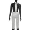 Solid color neck tie, knot, exposed back, tight fitting jumpsuit, cropped pants