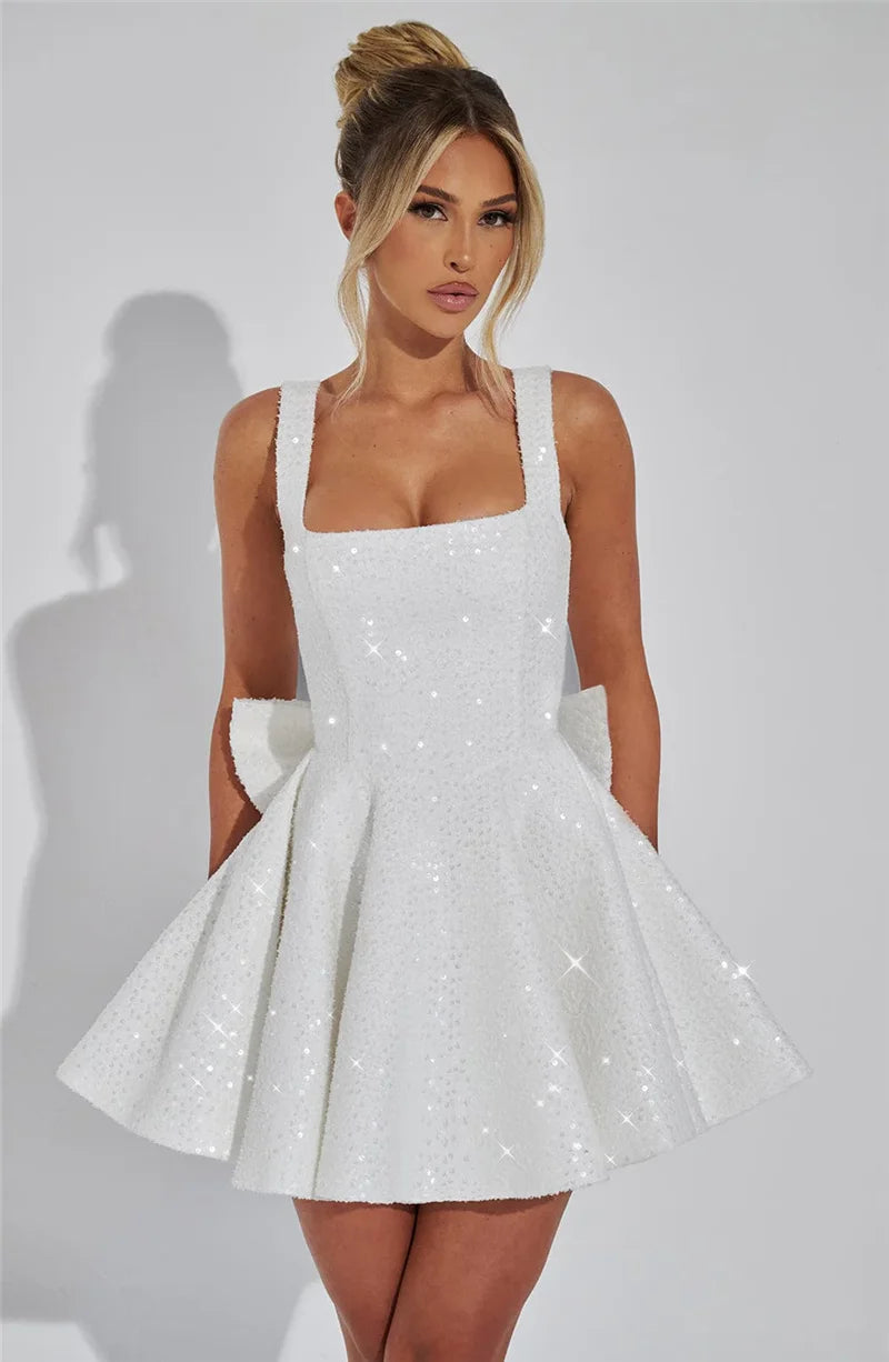 Mozision Pailletten-Kleid mit Schleife am Rücken, rückenfrei, sexy Mini-Kleid für Damen, modisches Etuikleid mit eckigem Ausschnitt, ärmellos, hohe Taille, A-Linie, Clubkleid