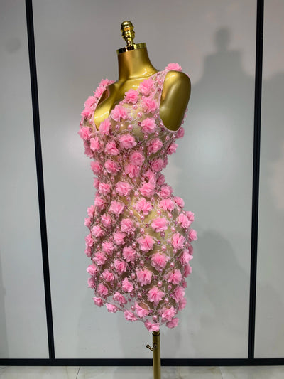 Women Luxury Pink Flowers Pearls Lace See Through Bodycon Mini Dress Birthday Photoshoot Evening Party Nightclub Stage Costume
