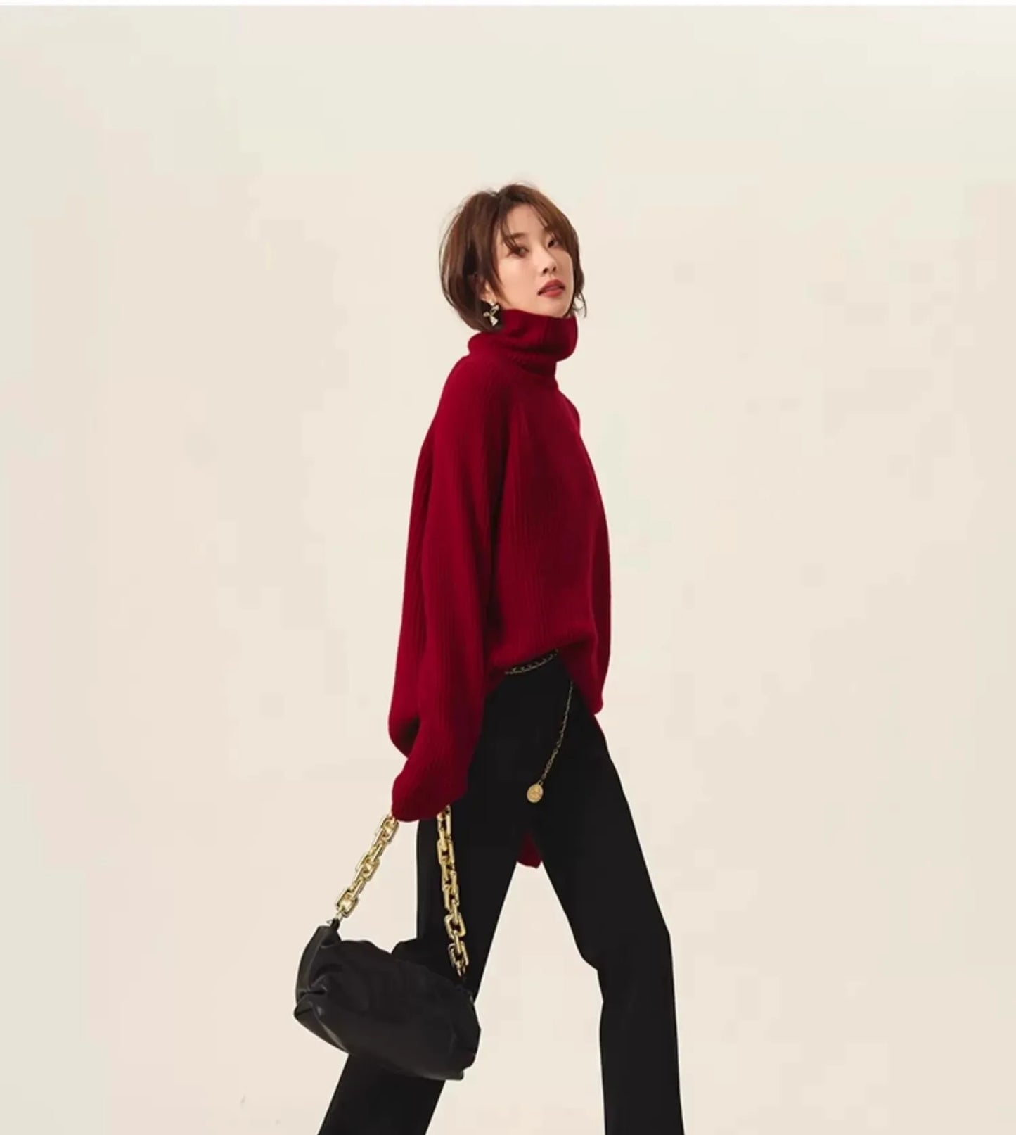 Rollkragenpullover 100% Kaschmir Pullover Damen lose verdickend Anti-Aging Nische Vintage Roter Rundhals-Pullover Damen Langarm