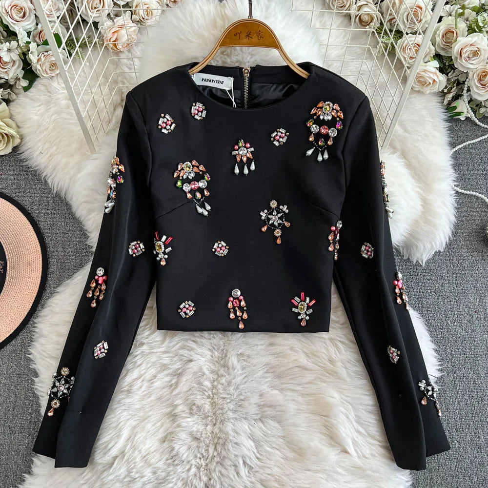 TWOTWINSTYLE Luxury Style Two Piece Set For Women O Neck Long Sleeve Topa High Waist Skinny A Line Skirt Set Female KSE524945