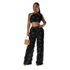 Women Two Piece Pant Sets Sexy Hollow Out Vest Sleeveless Tanks Tops Splice Long Pants Drawstring Streetwear Summer 2025