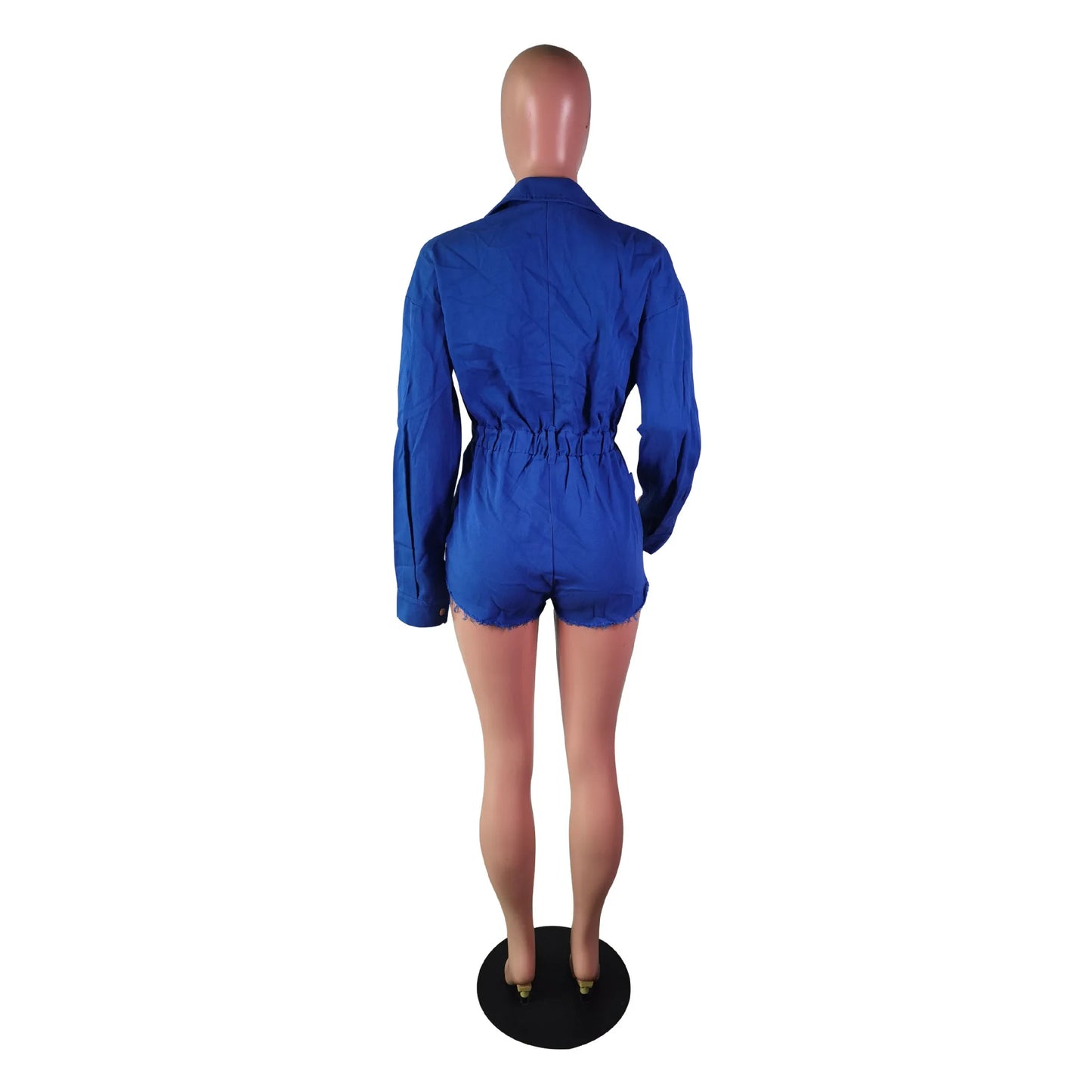 Streetwear Taschen Jeans Jumpsuit Denim Playsuit Damen Shorts Umlegekragen Einreiher Langarm Strampler Herbst