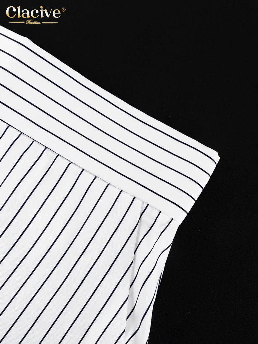 Clacive Fashion Long Sleeve Crop Top 2 Piece Sets Women Elegant Slim Stripe Print Skirts Set Casual High Waist Long Skirt Suits