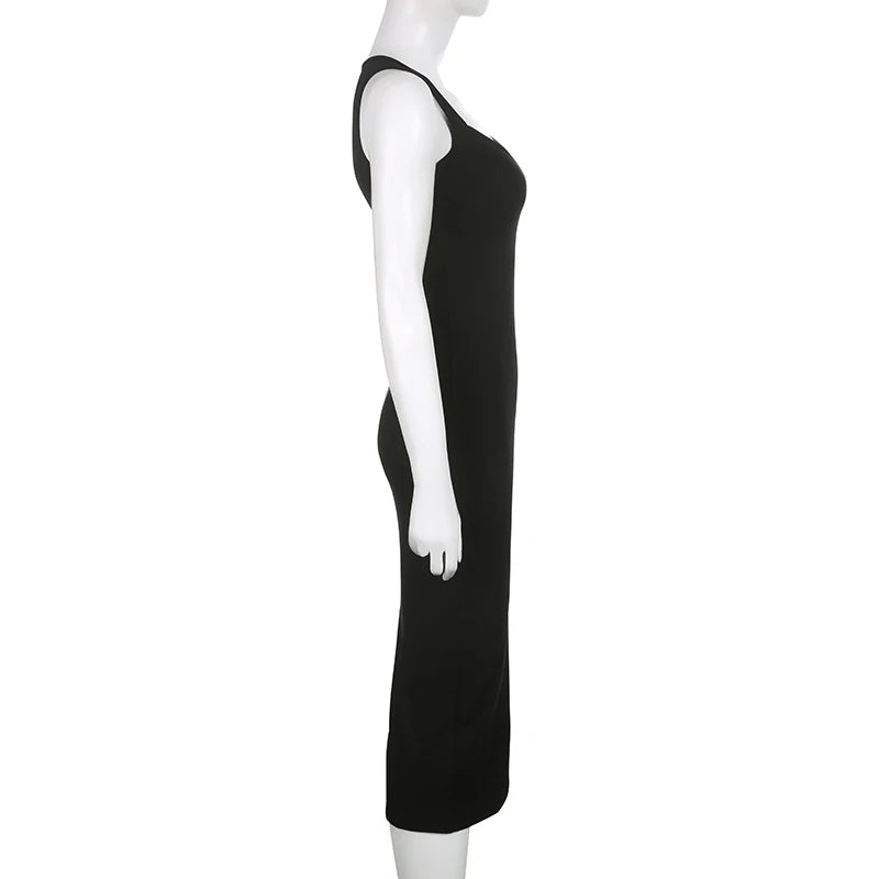 CIBBAR Basic Strick-Maxikleid Koreanische Mode Quadratischer Kragen Ärmellos Damenkleider Sommer Lässig Y2k Vintage All-Match Outfits