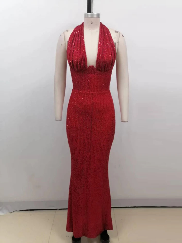 Sexy Neckholder Maxikleid mit tiefem V-Ausschnitt, Pailletten, Damen, Grün, Ärmellos, Rückenfrei, Pailletten, Schlankes langes Kleid, Celebrity Partykleider