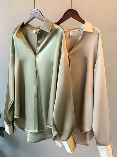 Elegantes Satin-Damenhemd, locker geschnitten, Frühling, Umlegekragen, Damenbluse, Herbst, Vintage, Freizeit, Knopf, Seiden-Tops