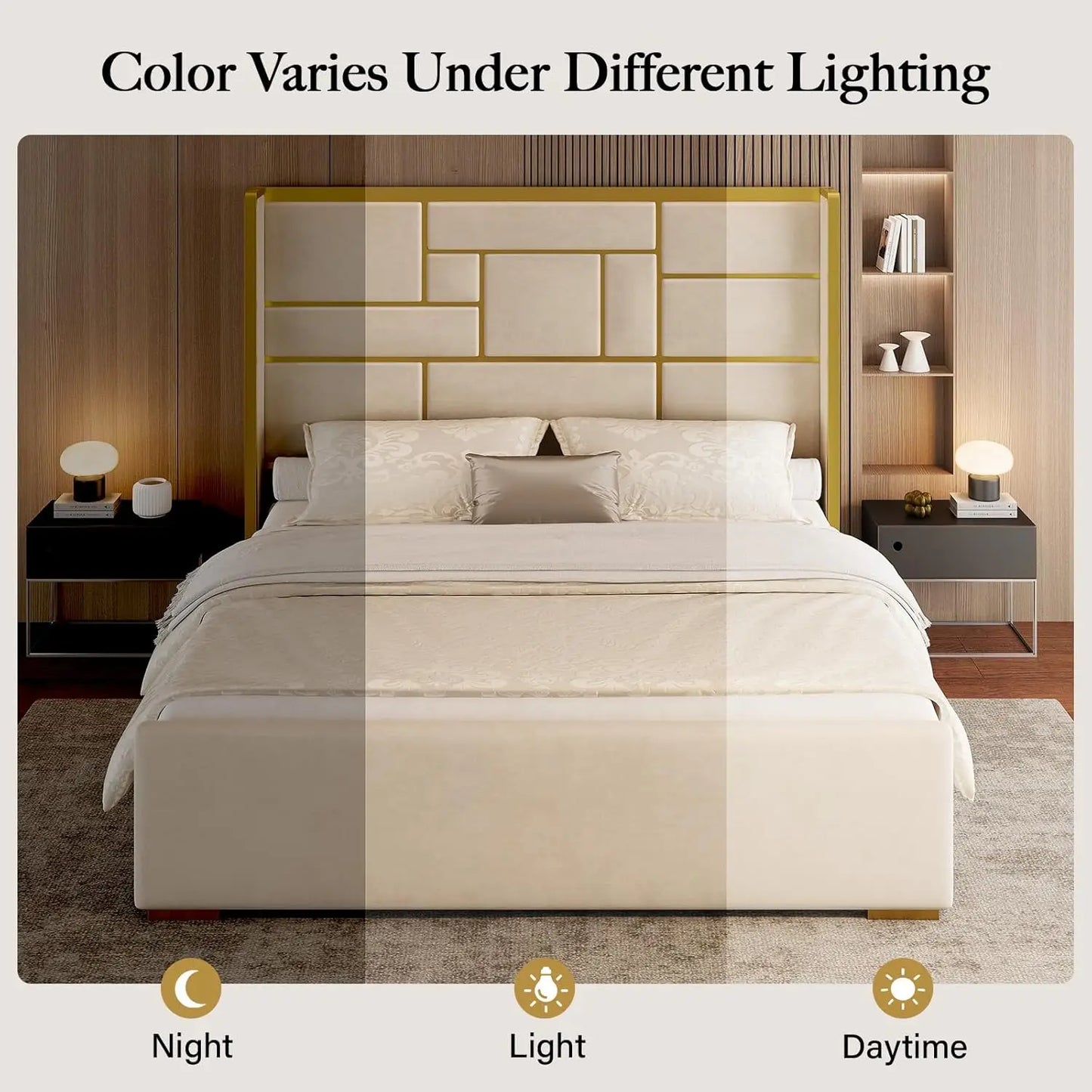 King Size Bed Frame with 55.12" Tall Headboard, Modern Luxury Velvet Upholstered Platform Bed with Gold Trim, Wide, Custom