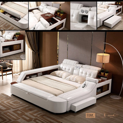 MANBAS Tech Intelligentes multifunktionales Bettgestell mit Echtleder, Bluetooth-Lautsprecher und Massagefunktion Ultimative weiche, beleuchtete Tatami-Camas