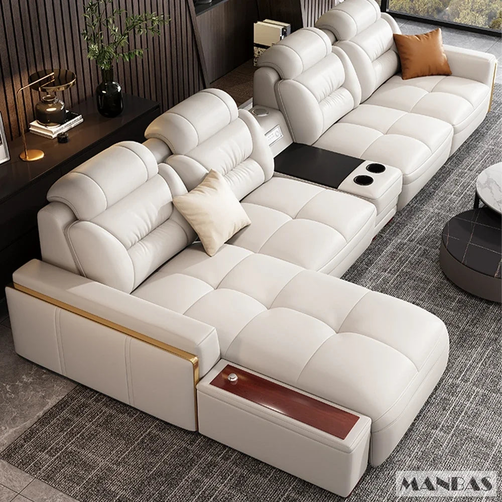 Premium italienische Echtleder-Ecksofas Sofagarnituren mit USB und Bluetooth Lautsprecher – MANBAS Wohnzimmermöbel
