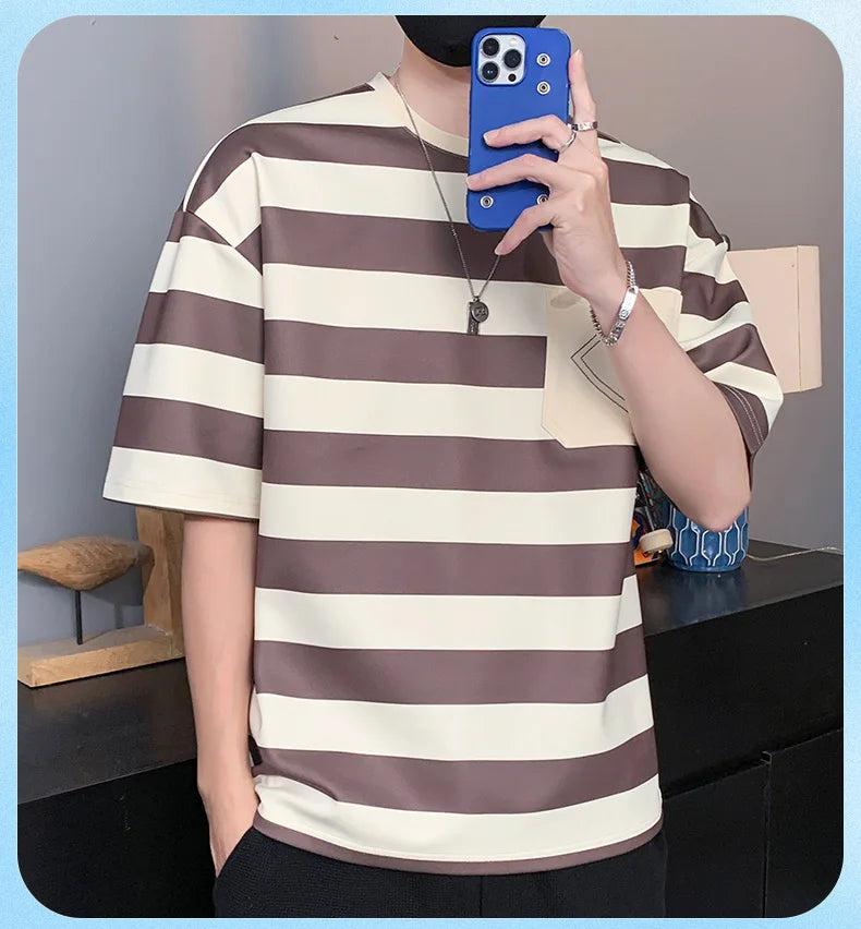 Casual Short Sleeve T Shirt Men'S For 2025 Summer Tshirt Top Tees Striped Brand Fashion HIP HOP Clothes OverSize 3XL T-Shirt