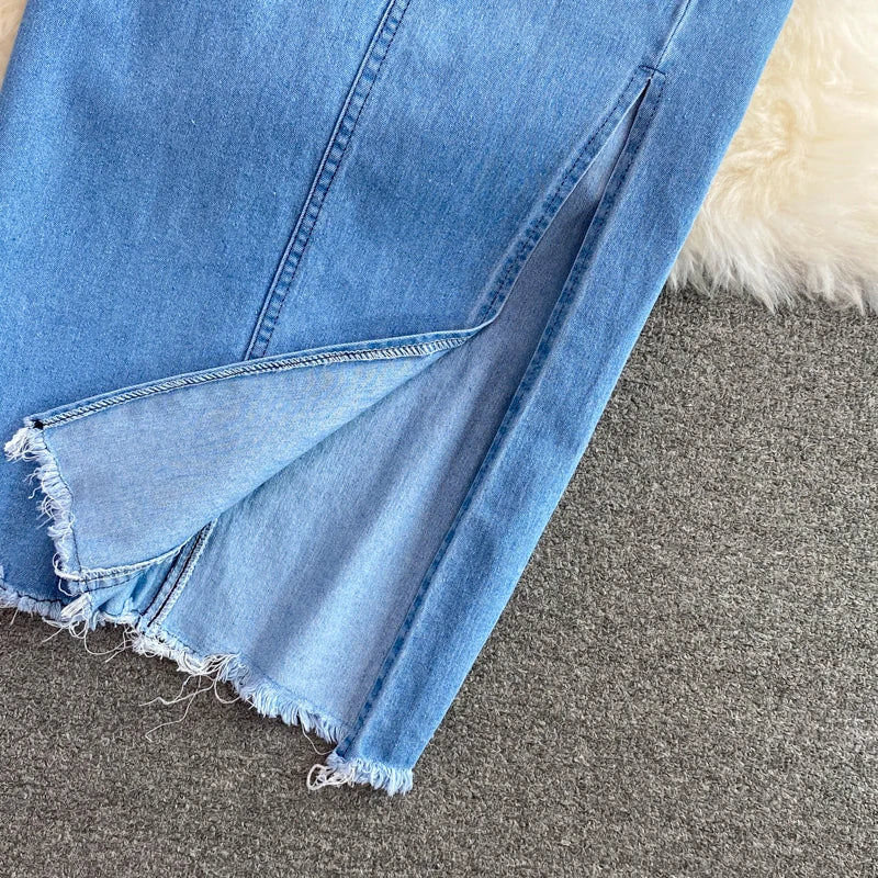 Women Denim 2 Piece Sets Long Skirt Top Suit Skirts Tops Single Breasted Outfits Washed Distressed 2025 Summer Casual Ensemble