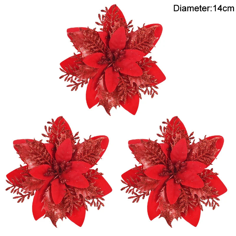 3/10Stück 14cm Weihnachtsblumen Glitzer Rot Gold Blütenkopf Weihnachtsbaumschmuck Neujahrsdekorationen für Zuhause Navidad Noel Geschenke