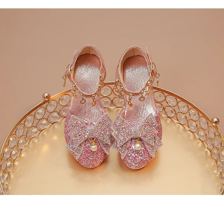 Girls Leather Shoes High Heeled for Wedding Party Glitter Rhinestone with Bow-knot Kids Dress High Heels Pendant Bling Sparkling
