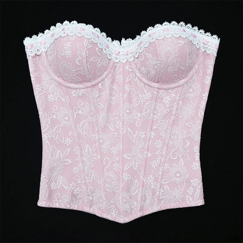 Sexy Women Pink Overbust Corset Crop Top Sweet Lace Patchwork Slim Fit Strapless Bustier Chic Party Summer Clothes Streetwear
