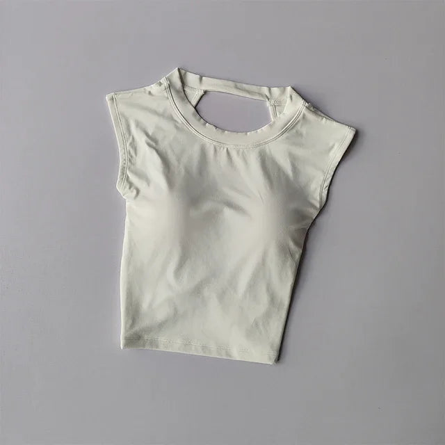 Sexy Kurzes Rückenfreies Sport-T-Shirt mit festem Brustpolster Damen Eng Anliegendes Schnell Trocknendes Schlankmachendes Yoga-Top