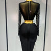 Damen Sexy Langarm Mesh Perlen Top Celebrity Midi Damen Bandage Set 2025 Designer Abendparty Luxus Geburtstag Zweiteiler Set