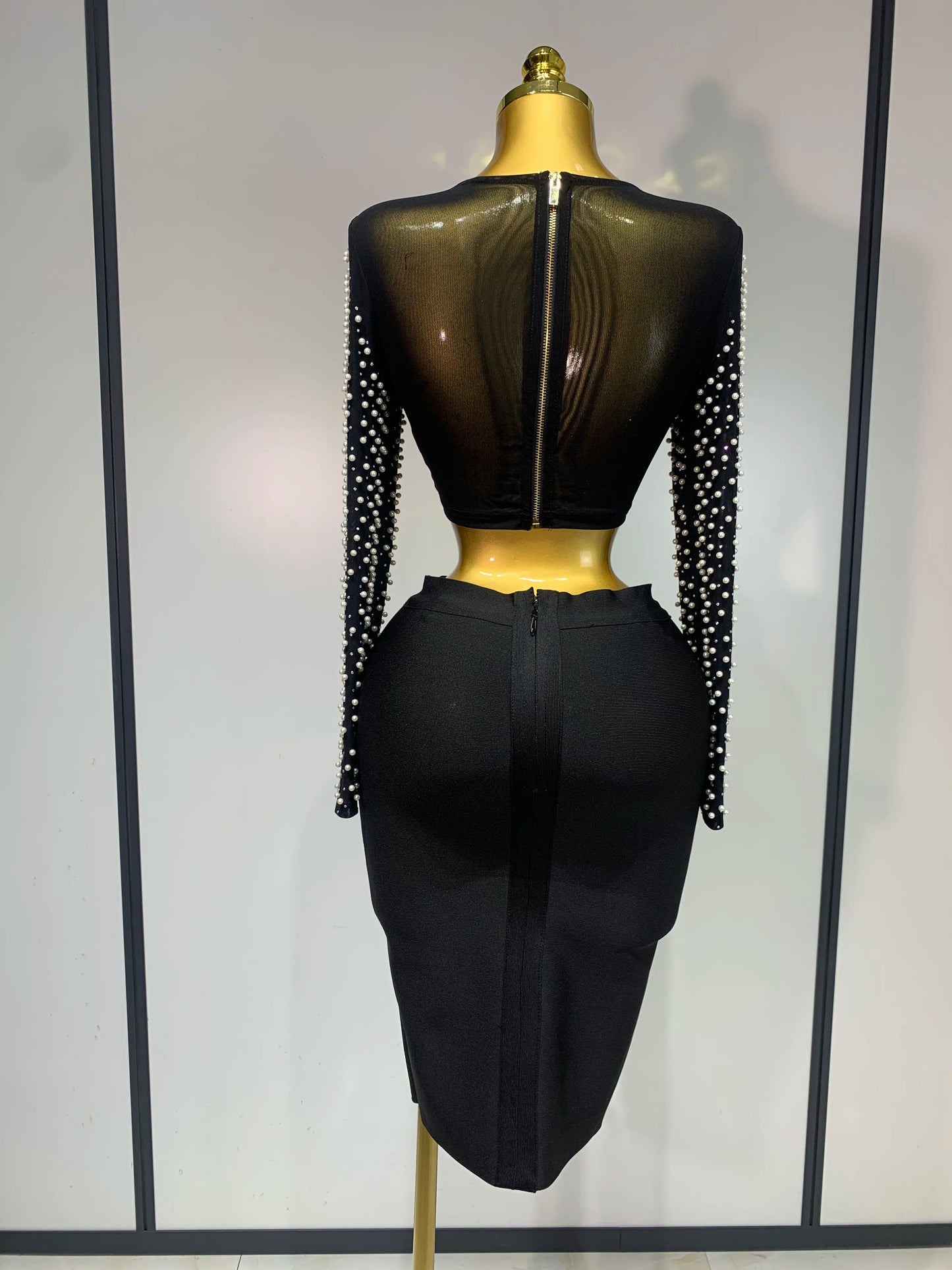 Damen Sexy Langarm Mesh Perlen Top Celebrity Midi Damen Bandage Set 2025 Designer Abendparty Luxus Geburtstag Zweiteiler Set