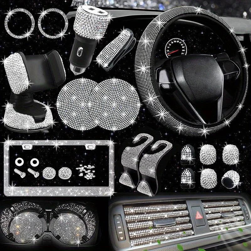 27PCS/Set Women Bling Universal Fit Polyester Steering Cover Shiny License Frame Phone Holder Coasters Tools Car Accessorie