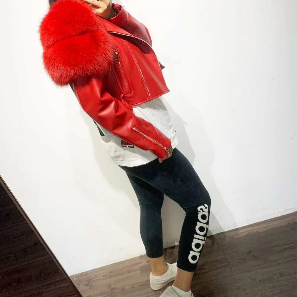 GO BALLISTIC YA Ladies' Genuine Leather Jacket with Fur Sleeve Women's Natural Lambskin Outfit