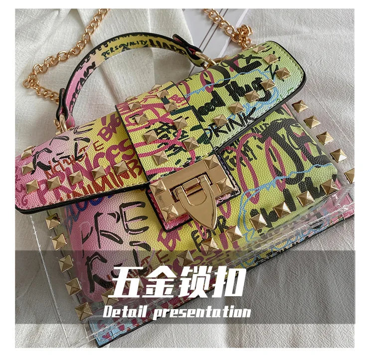Marke Frauen Nieten Graffiti Umhängetaschen Mode Schultertasche für Damen Weibliche Luxus Designer Handtaschen 2023 Hohe Qualität