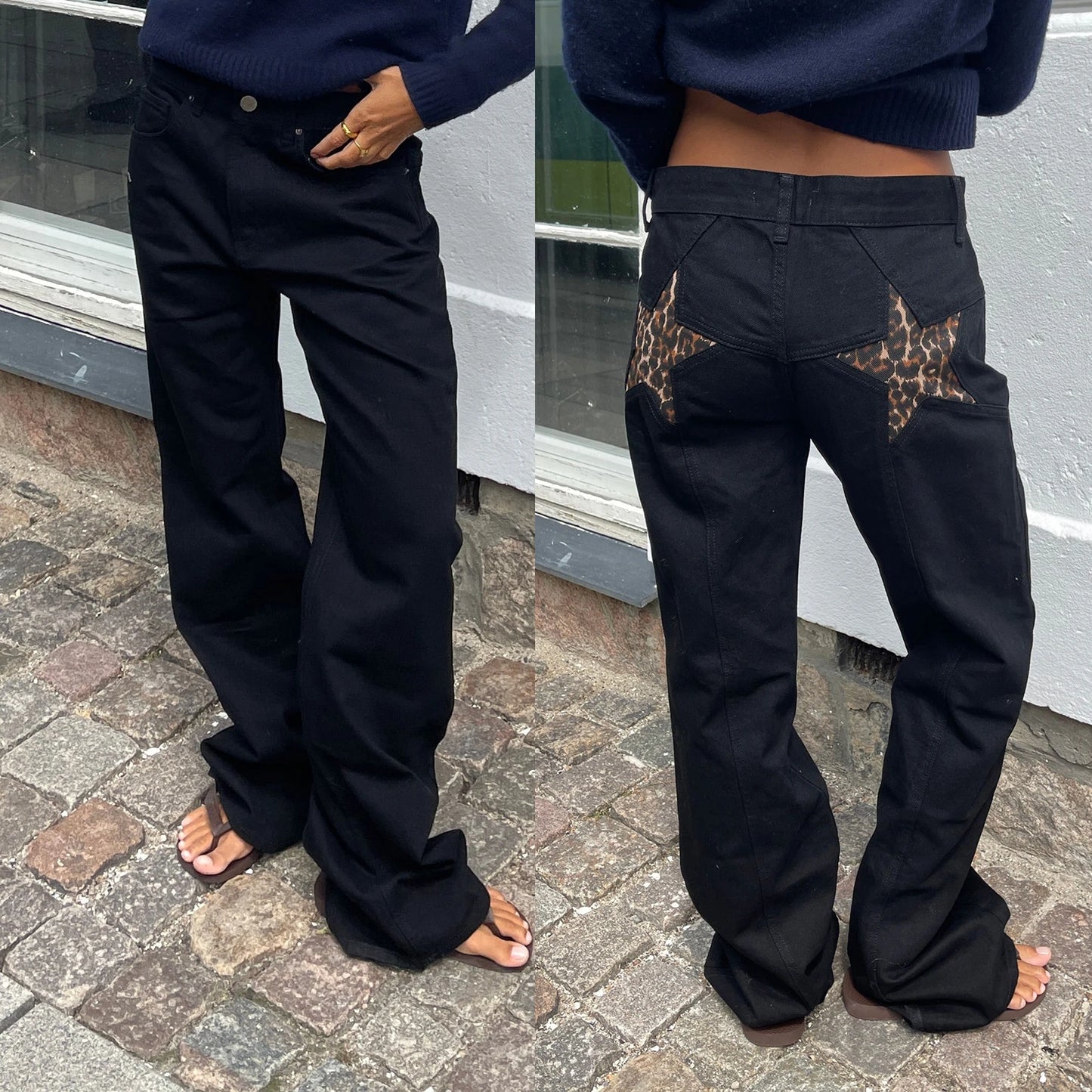Combhasaki Damen Y2K Vintage Jeans Ästhetischer Sternmuster-Print Loose Straight Leg Denim Lange Hose Lässige Low Waist Hose
