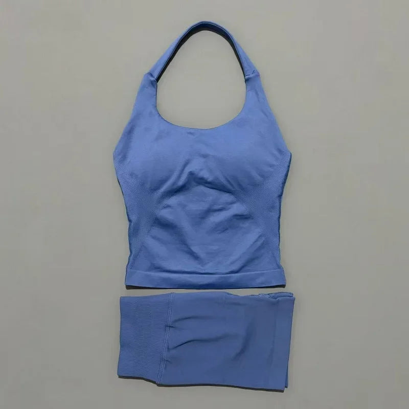 2 Pieces Sports Set Women Backless Halter Tops High Waist Seamless Hight Stretch Shorts Gym Suit Sportswear Workout Sets