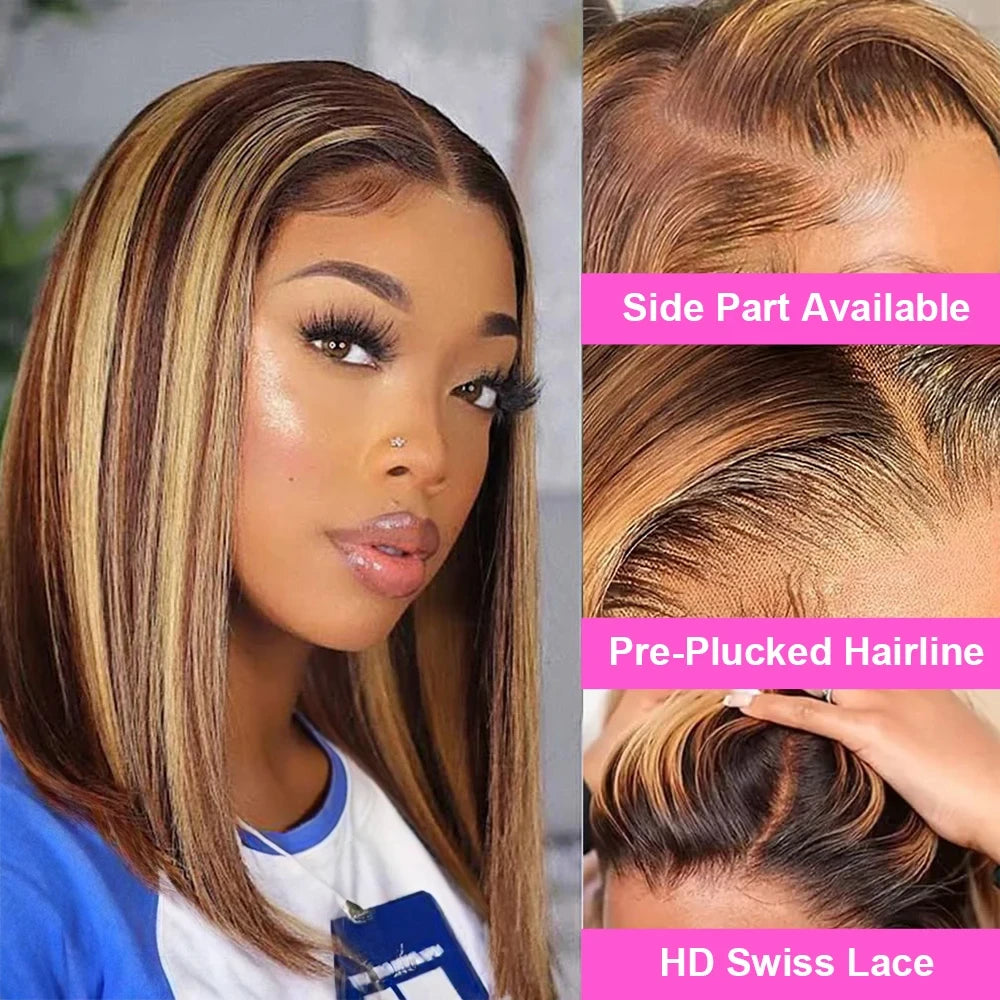 Highlight Perücken Echthaar Straight Bob Perücke 4/27 Ombre 13x4 Lace Front Echthaar Perücke 100% Remy Haar vorgezupft Transparente Spitze