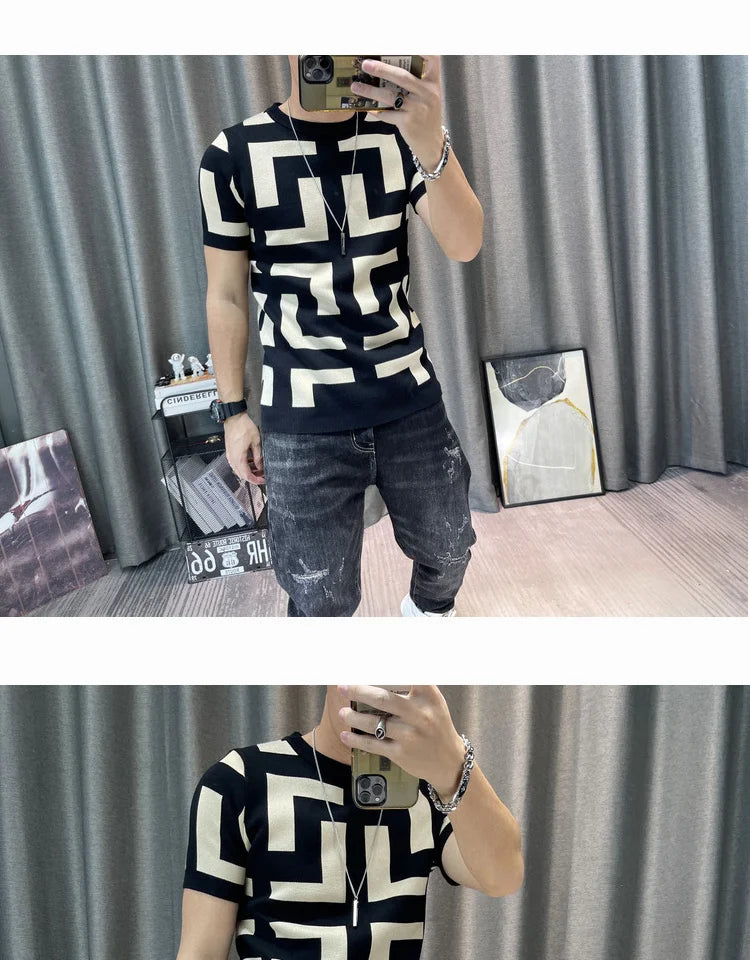 Luxury Men Autumn Knitted Tshirt 2024 Korean O-neck Short Sleeve Top Tees Streetwear Male Social Club Slim Fit Casual T-Shirt