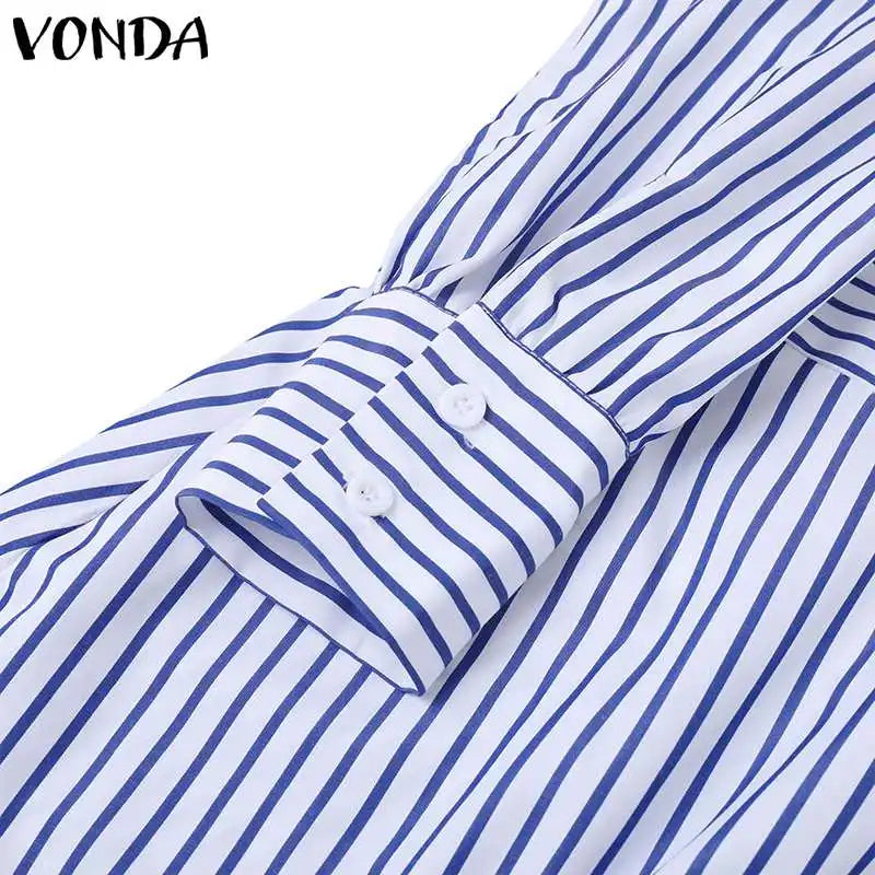 VONDA 2024 Women Elegant Striped Maxi Dress Bohemian Sundress Casual Loose Off Shoulder Long Sleeve Party Vestidos Robe Femme