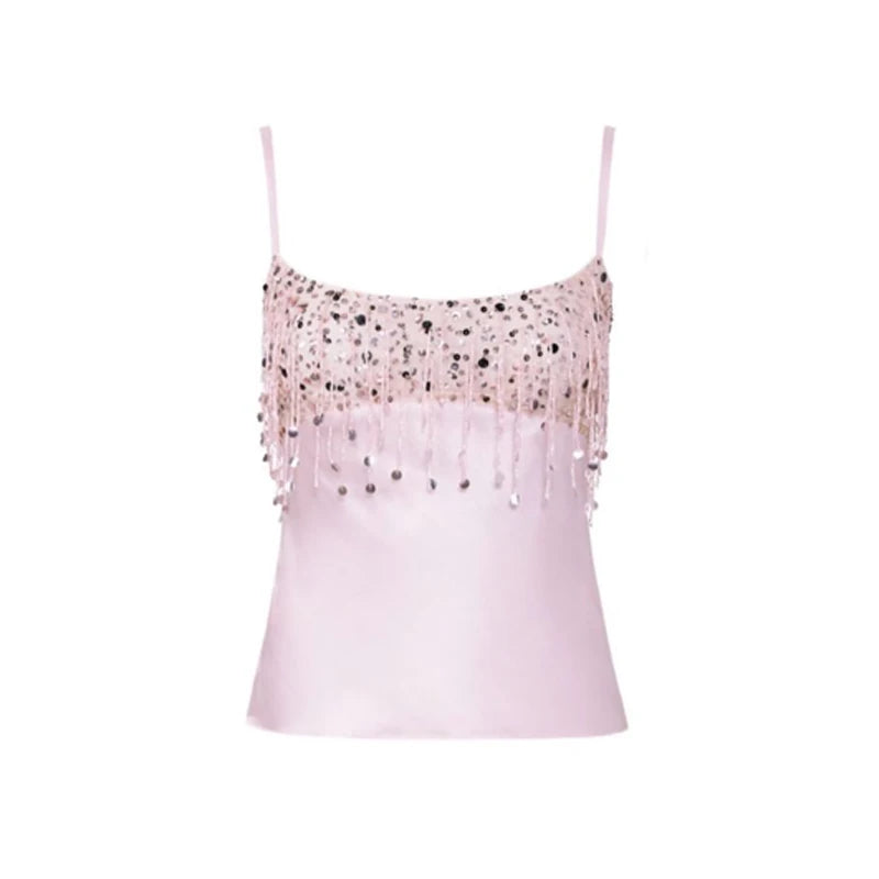 Sexy Sequins Tassel Skirt Sets Women Sling Crop Tops Hip Package A-line Short Skirts 2025 Summer Chic Beach Party Outfits Lady