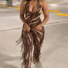 HLJ Sexy Striped Print Tassel Patchwork Bodycon Jumpsuit Women Halter Backless Skinny Rompers Female Party Clubwear Overalls New