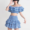 TWOTWINSTYLE Hit Color Print Casual Two Piece Sets For Women Slash Neck Short Sleeve Top High Waist Skirt Summer Set Female New