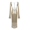 Abendkleid Damen Elegant Pailletten Tiefer V-Ausschnitt Langarm Midikleid Sexy Luxuriös Rückenausschnitt Schnürung Knöchellang Bandage Partykleid