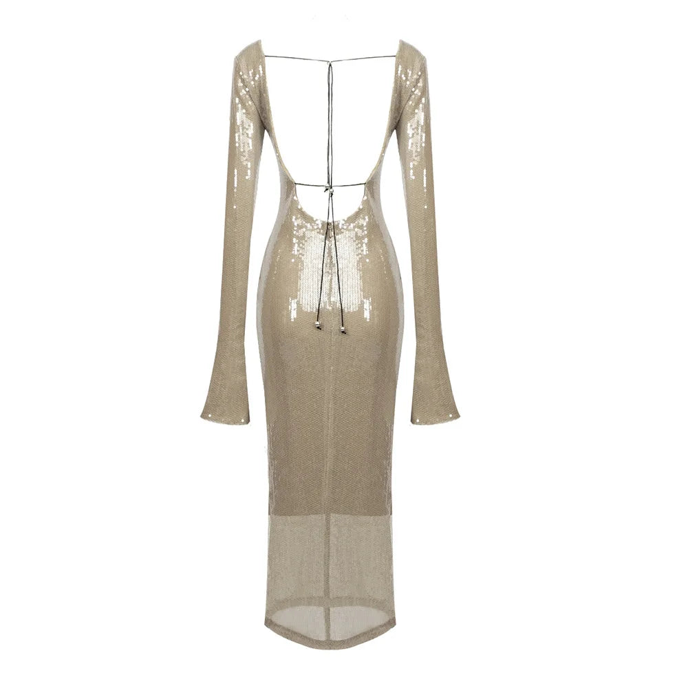Abendkleid Damen Elegant Pailletten Tiefer V-Ausschnitt Langarm Midikleid Sexy Luxuriös Rückenausschnitt Schnürung Knöchellang Bandage Partykleid