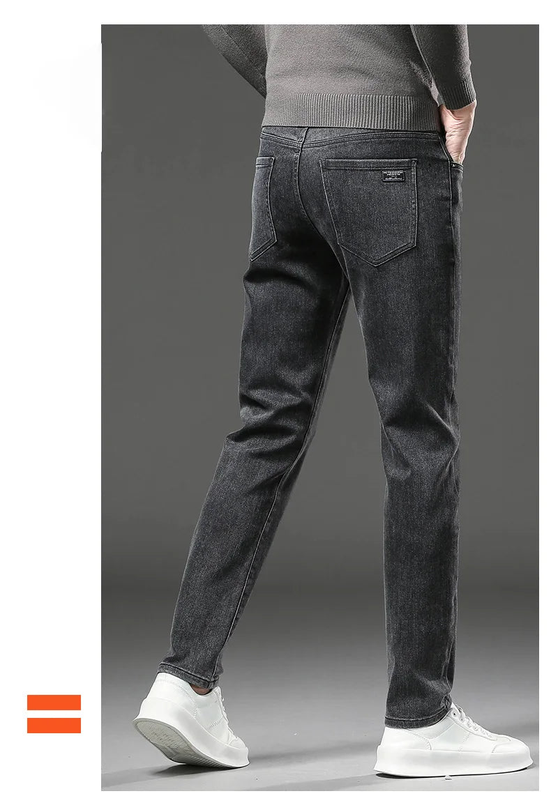 Winter Fleece Dicke Warme Jeans Herren Slim Straight Elastische Denim-Hose Lässige Herrenbekleidung Mode Plüschhose