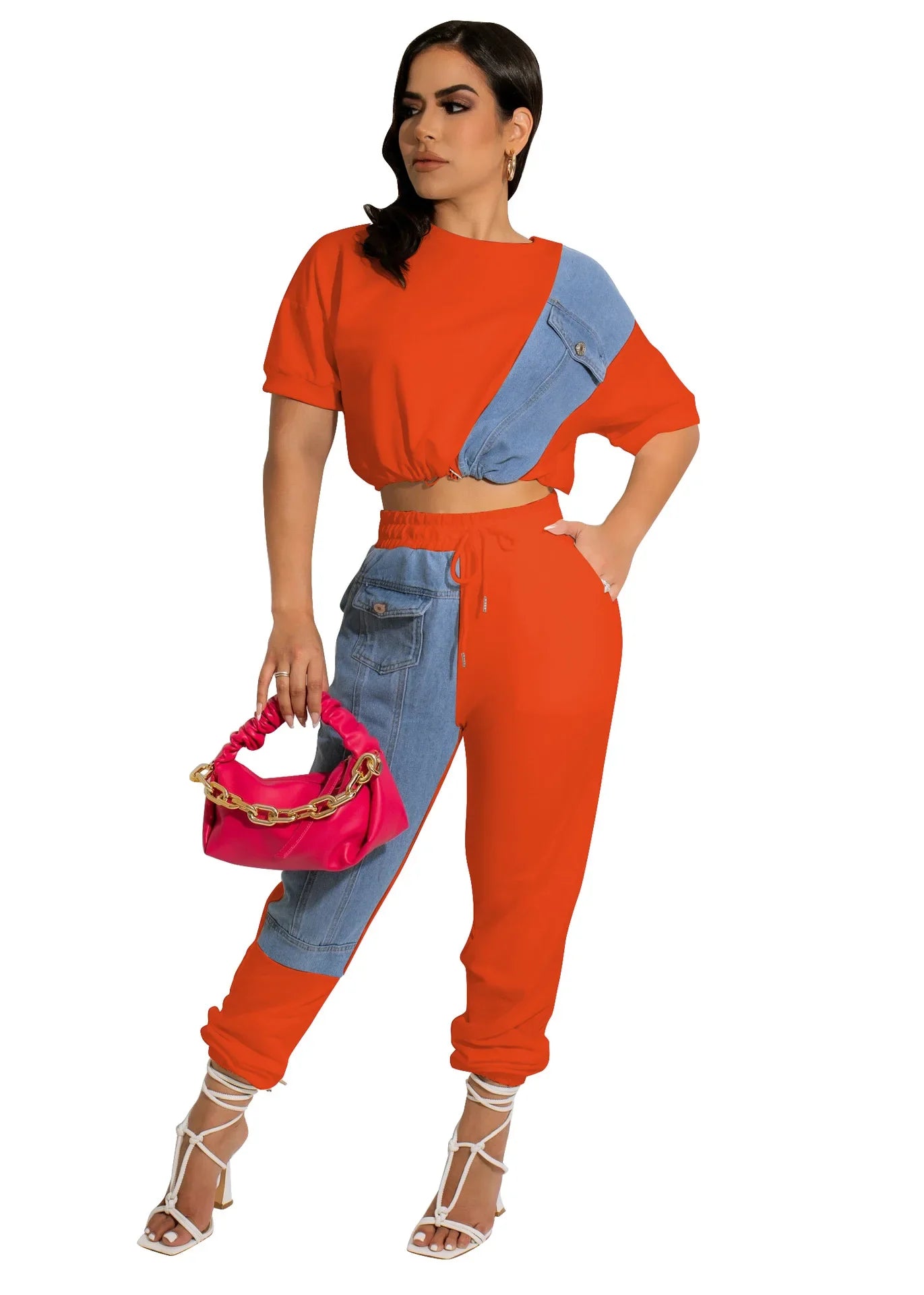 CM.YAYA Workout Denim Patchwork Women Two 2 Piece Set Outfit Sweatsuit 2022 T-shirt and Jogger Pants Matching Set Tracksuit