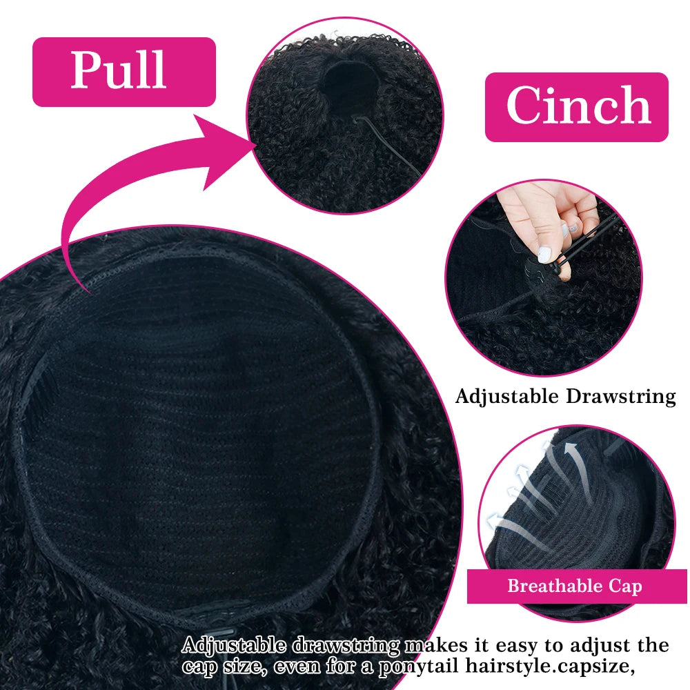 Glueless Half Wigs Human Hair Kinky Curly Headband Wig Upgrade 3 IN 1 No Lace Wig With Drawstring Seamless Clip Ins Flip Over
