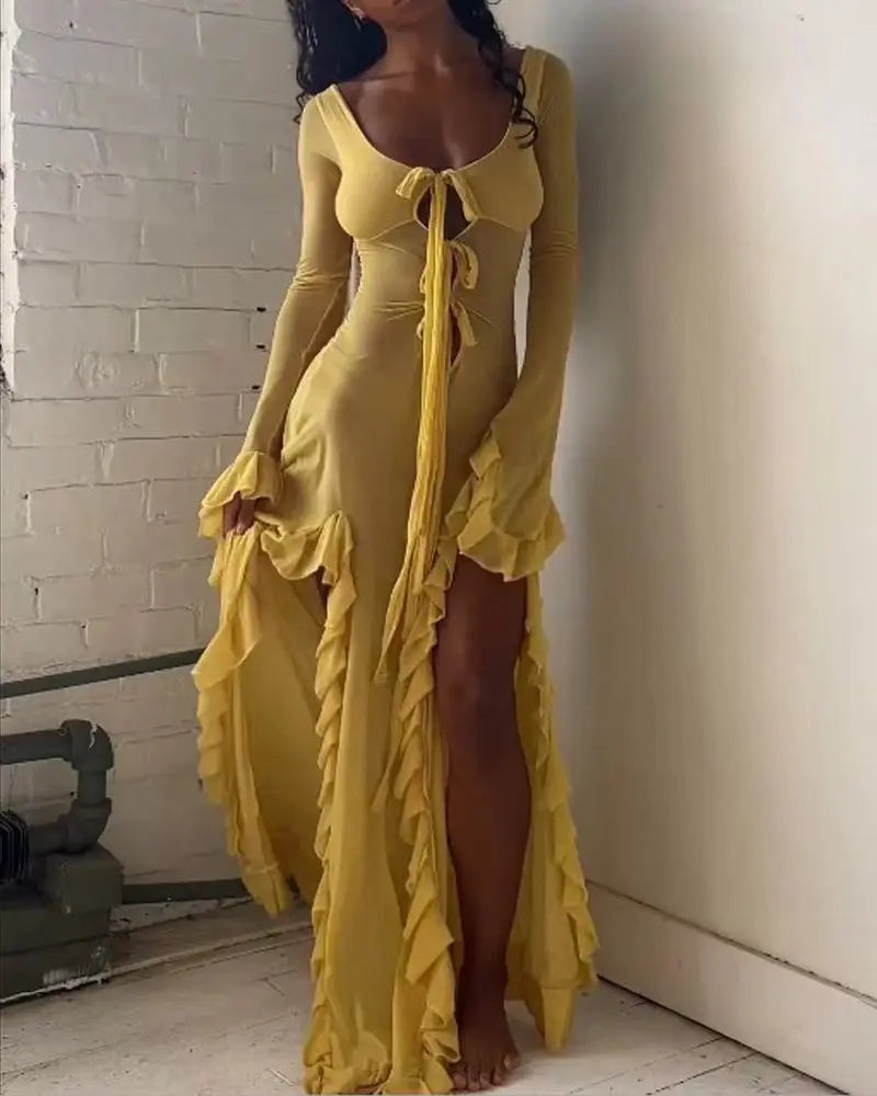 Sommerliches, figurbetontes, durchsichtiges, sexy Hot-Girl-Kleid, elegantes, einfarbiges V-Ausschnitt-Kleid mit Trägern, langen Ärmeln, Rüschen, Schlitz und langem Rock