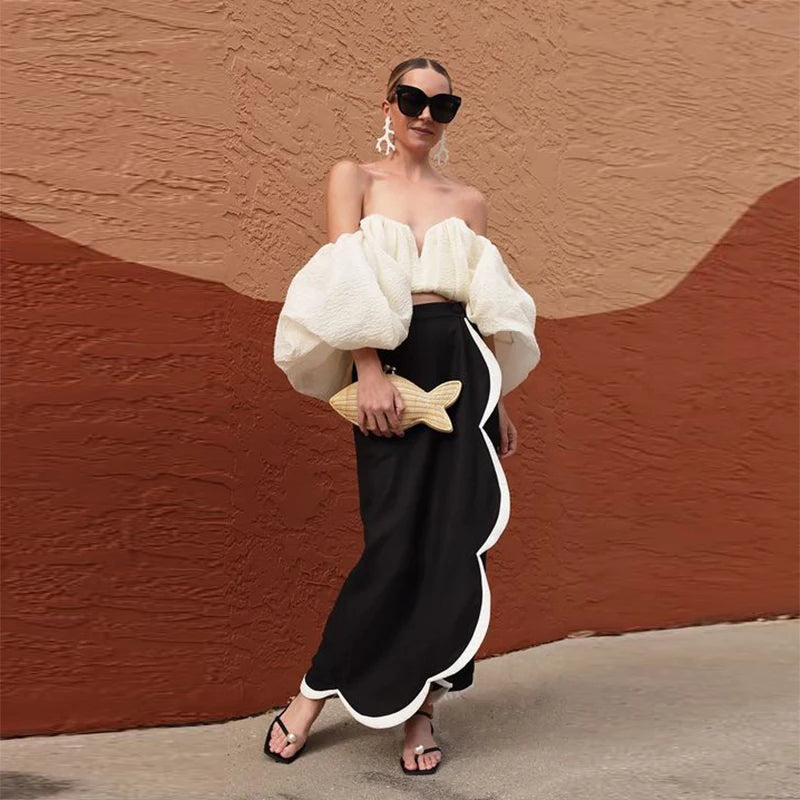 black satin long Skirts Fashion Women Prom Party Formal Wear White Edge Lady Skirt  Wedding Guest  Saias Long Party Gowns