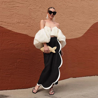 black satin long Skirts Fashion Women Prom Party Formal Wear White Edge Lady Skirt  Wedding Guest  Saias Long Party Gowns