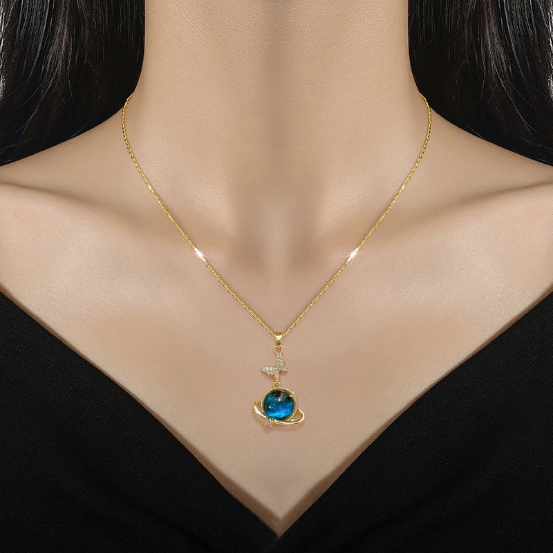 Stainless Steel Zircon Planet Star Pendant Necklace For Women Elegant Aesthetic Clavicle Chain Necklace Jewelry Party Gift