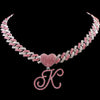 Hip Hop Bling Pink Crystal Cursive Initial Letter Cuban Necklace for Women Iced Out Paved Cuban Chain Necklace Choker Jewelry